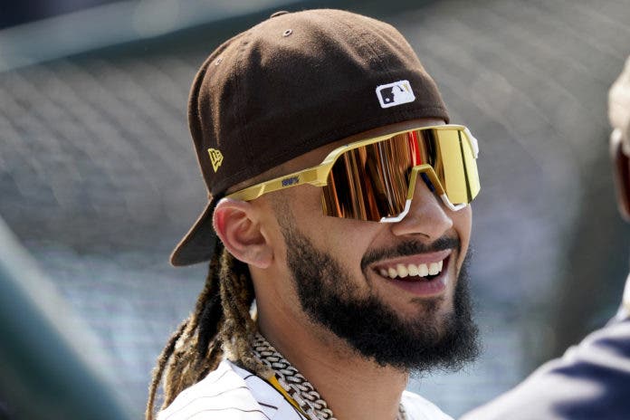 National League's Fernando Tatis Jr., of the San Diego Padres, warms-up during batting practice for the MLB All-Star baseball game, Monday, July 12, 2021, in Denver. (AP Photo/Gabriel Christus).