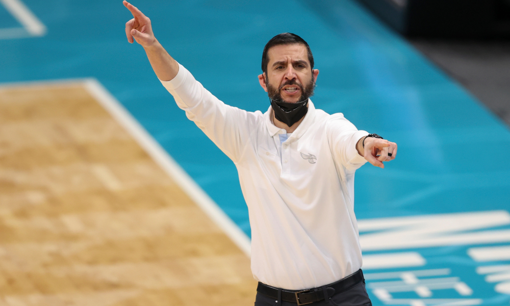 May 9, 2021; Charlotte, North Carolina, USA; Charlotte Hornets coach James Borrego directs his team against the New Orleans Pelicans in the second half at Spectrum Center. Mandatory Credit: Nell Redmond-USA TODAY Sports