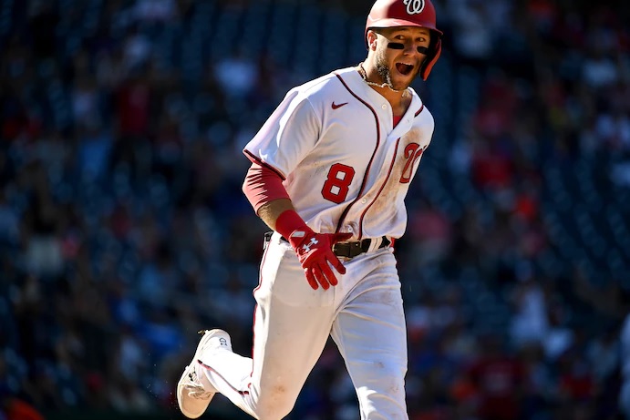 Carter Kieboom celebrates his walk-off hit that beat the Mets on Monday at Nationals Park. (Katherine Frey/The Washington Post)