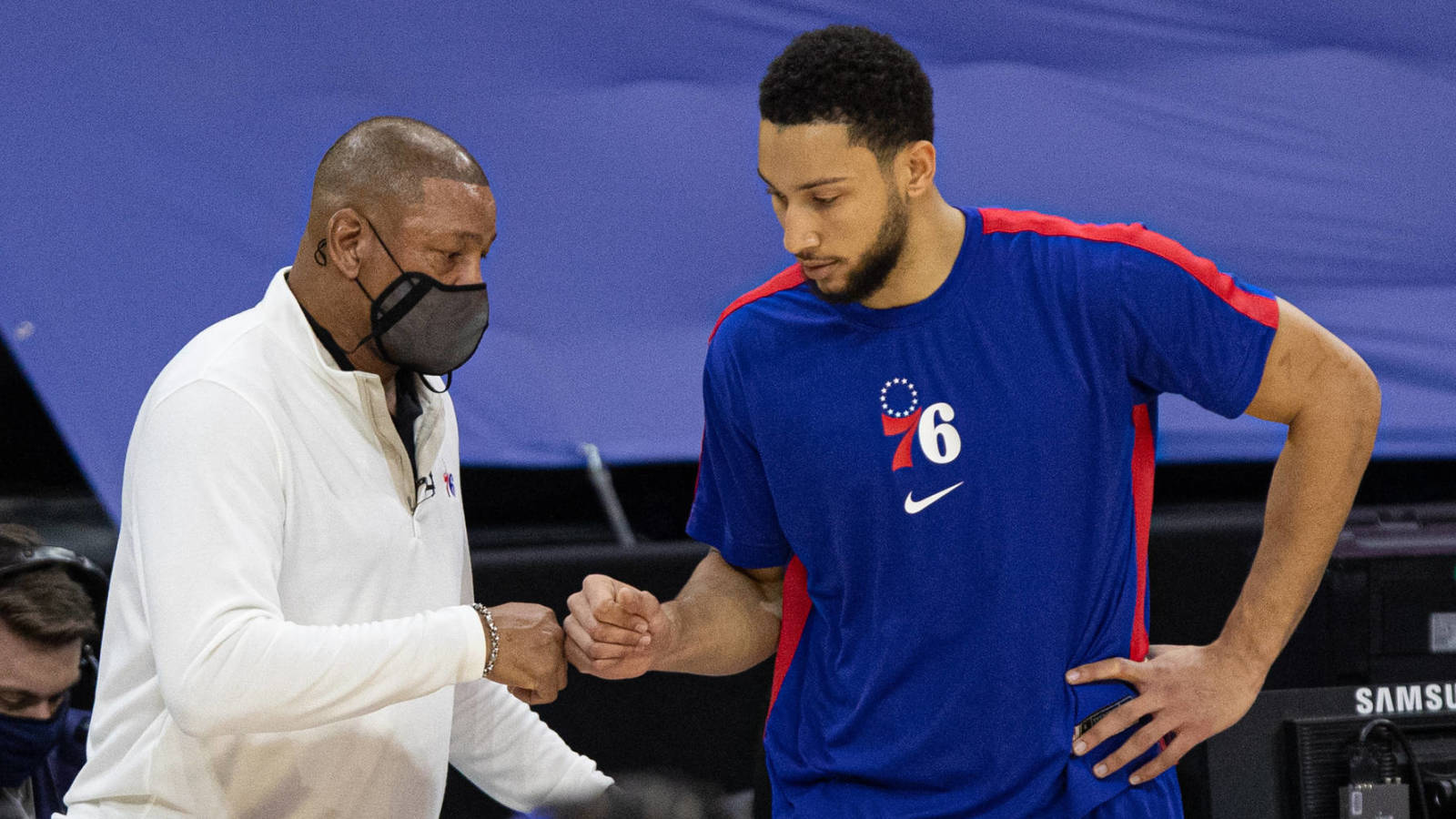 Jan 27, 2021; Philadelphia, Pennsylvania, USA; Philadelphia 76ers guard Ben Simmons (R) fist bumps head coach Doc Rivers (L) before a game against the Los Angeles Lakers at Wells Fargo Center. Mandatory Credit: Bill Streicher-USA TODAY Sports
