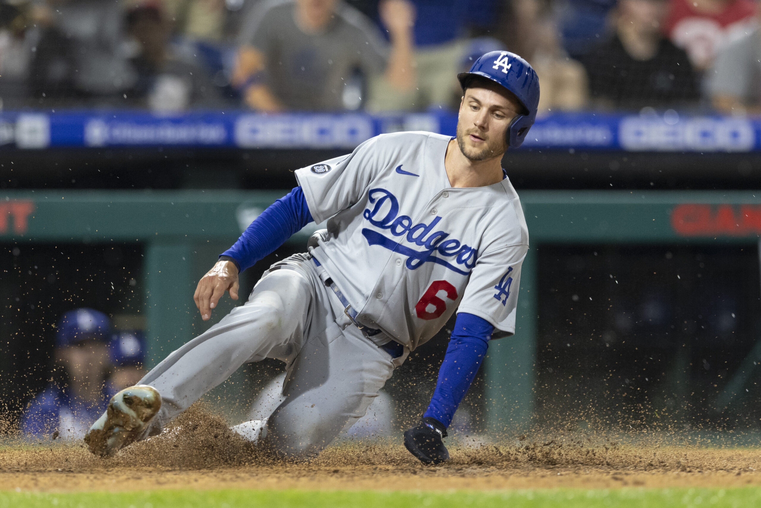 PHILADELPHIA, PA - AUGUST 10: Trea Turner #6 of the Los Angeles Dodgers slides home safely in the top of the sixth inning against the Philadelphia Phillies at Citizens Bank Park on August 10, 2021 in Philadelphia, Pennsylvania. (Photo by Mitchell Leff/Getty Images)