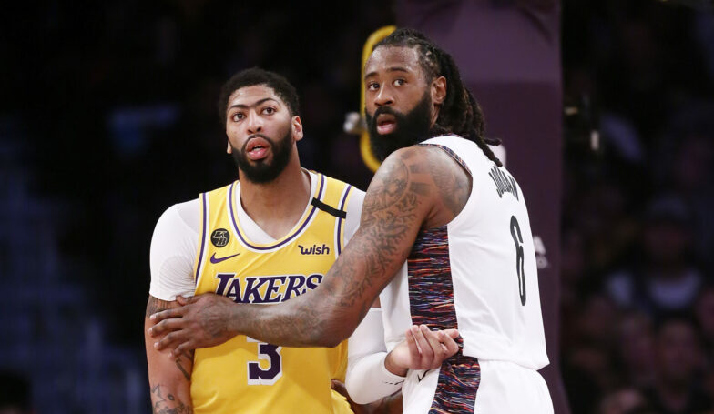 LOS ANGELES, CA - MARCH 10: DeAndre Jordan #6 of the Brooklyn Nets defends on Anthony Davis #3 of the Los Angeles Lakers during a game at the Staples Center on March 10, 2020 in Los Angeles, CA. NOTE TO USER: User expressly acknowledges and agrees that, by downloading and or using this photograph, User is consenting to the terms and conditions of the Getty Images License Agreement. Mandatory Credit: 2020 NBAE (Photo by Chris Elise/NBAE via Getty Images)