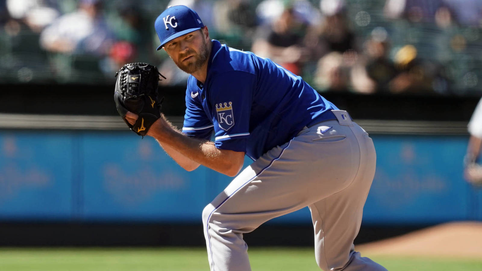 Jun 12, 2021; Oakland, California, USA; Kansas City Royals relief pitcher Wade Davis (71) pitches during the eighth inning against the Oakland Athletics at RingCentral Coliseum. Mandatory Credit: Darren Yamashita-USA TODAY Sports