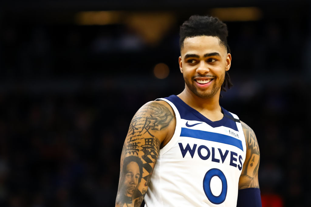 MINNEAPOLIS, MN - FEBRUARY 12: D'Angelo Russell #0 of the Minnesota Timberwolves looks on against the Charlotte Hornets in the first quarter of the game at Target Center on February 12, 2020 in Minneapolis, Minnesota. NOTE TO USER: User expressly acknowledges and agrees that, by downloading and or using this Photograph, user is consenting to the terms and conditions of the Getty Images License Agreement. (Photo by David Berding/Getty Images)
