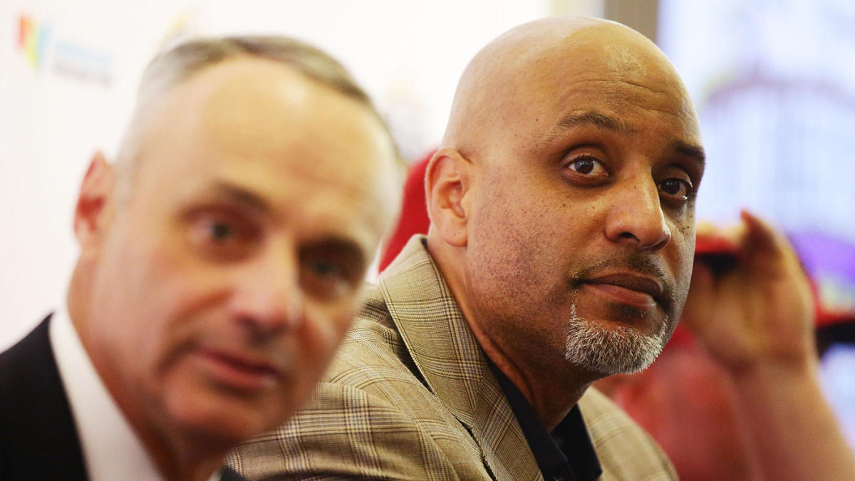 SYDNEY, AUSTRALIA - MARCH 18: MLB COO Robert Manfred (L) and MLBPA Executive Director Tony Clark (R) attend the MLB Welcome to Australia Press Conference at Sydney Cricket Ground on March 18, 2014 in Sydney, Australia. (Photo by Matt King/MLB via Getty Images)