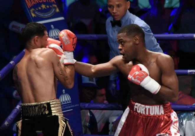 El dominicano Javier "El Abejón" Fortuna conecta su derecha al rostro del venezolano Rafael Hernández durante el combate que protagonizaron este domingo en el Pabellón de Esgrima del Centro Olímpico Juan Pablo Duarte