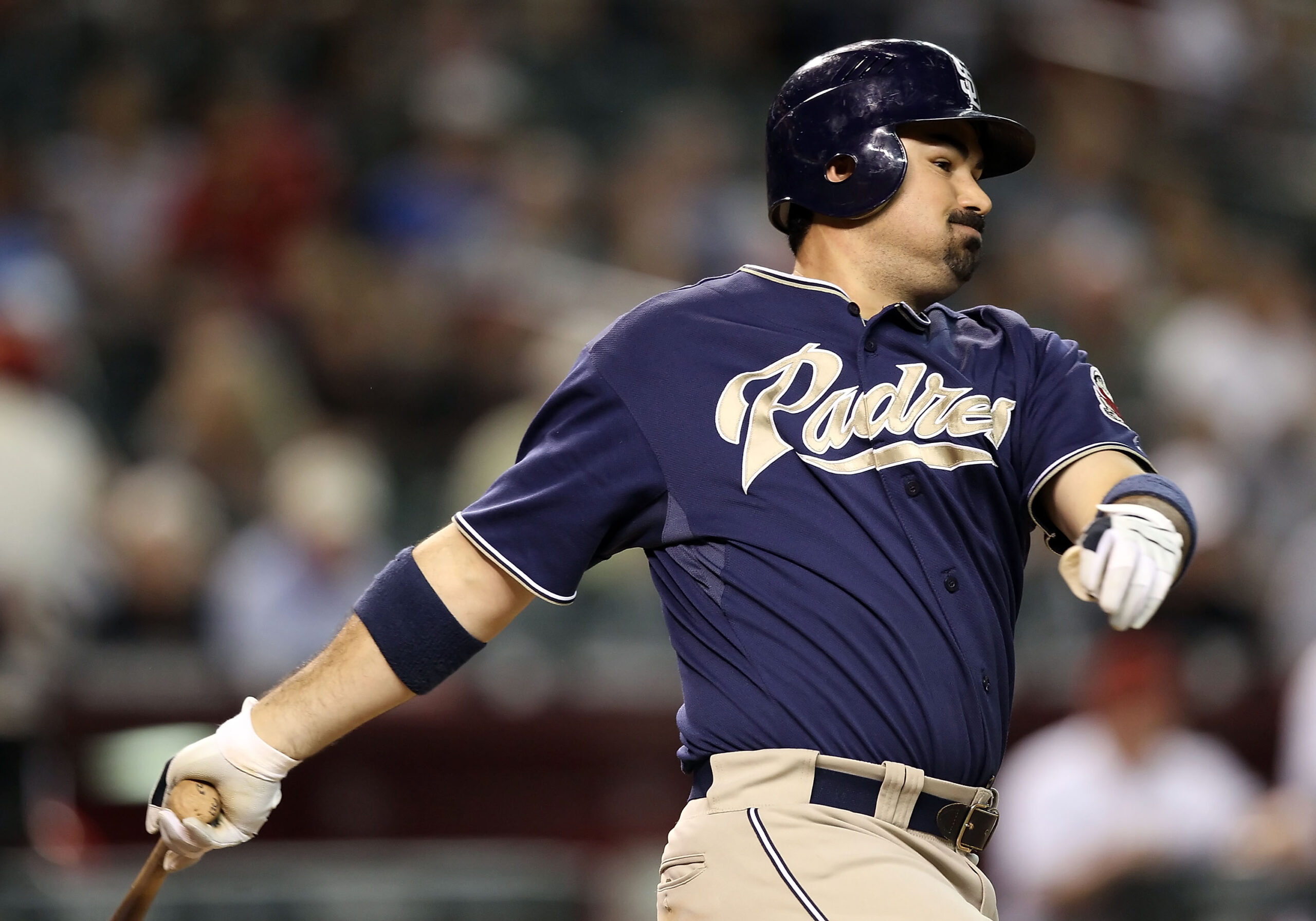 PHOENIX - AUGUST 30:  Adrian Gonzalez #23 of the San Diego Padres bats against the Arizona Diamondbacks during the Major League Baseball game at Chase Field on August 30, 2010 in Phoenix, Arizona. The Diamondbacks defeated the Padres 7-2.  (Photo by Christian Petersen/Getty Images)