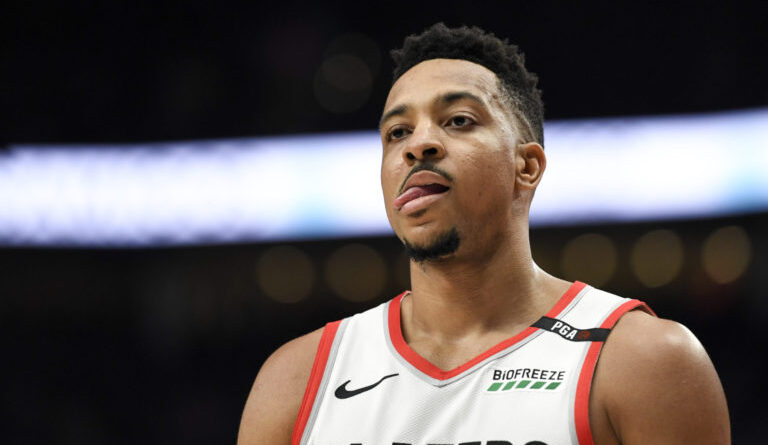 PORTLAND, OR - MAY 9: CJ McCollum (3) of the Portland Trail Blazers licks his chops during the second quarter against the Denver Nuggets on Thursday, May 9, 2019. The Denver Nuggets versus the Portland Trail Blazers in game six of the teams' second round NBA playoff series at the Moda Center in Portland. (Photo by AAron Ontiveroz/MediaNews Group/The Denver Post via Getty Images)