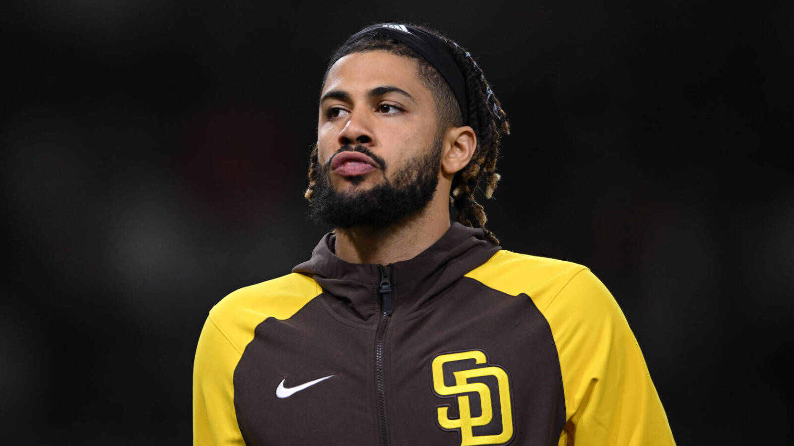 Apr 19, 2022; San Diego, California, USA; San Diego Padres shortstop Fernando Tatis Jr. (23) looks on after the game against the Cincinnati Reds at Petco Park. Mandatory Credit: Orlando Ramirez-USA TODAY Sports