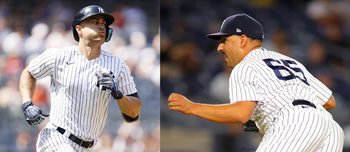 Giancarlo Stanton a la izquierda y Néstor Cortés a la derecha
