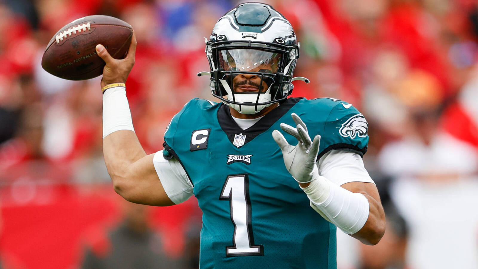 Jan 16, 2022; Tampa, Florida, USA; Philadelphia Eagles quarterback Jalen Hurts (1) drops back to pass in the first half against the Tampa Bay Buccaneers in a NFC Wild Card playoff football game at Raymond James Stadium. Mandatory Credit: Nathan Ray Seebeck-USA TODAY Sports