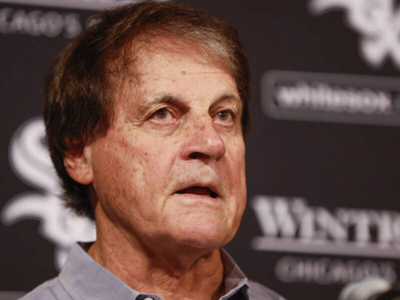 Oct 3, 2022; Chicago, Illinois, USA; Tony La Russa announces that he is stepping down as Chicago White Sox manager due to health concerns before a baseball game between the Chicago White Sox and Minnesota Twins at Guaranteed Rate Field. Mandatory Credit: Kamil Krzaczynski-USA TODAY Sports