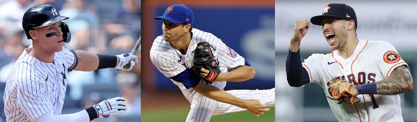 De izquierda a derecha; Aaron Judge, Jacob deGrom y Carlos Correa
