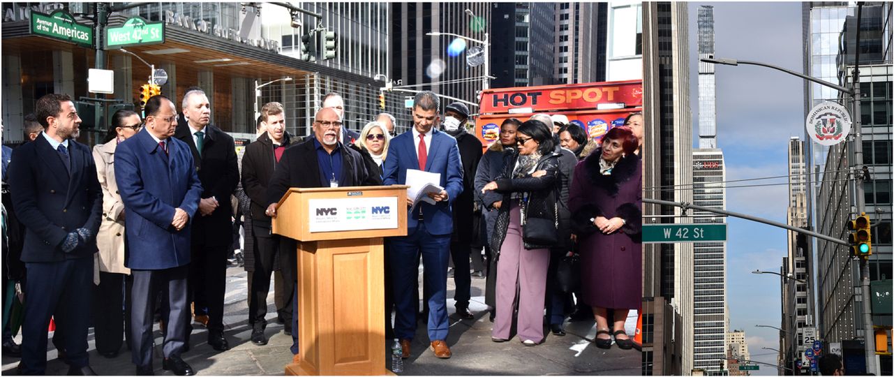 El vicecónsul Julyn Mateo habla durante la reinstalación del escudo dominicano en la avenida Las Américas en Manhattan