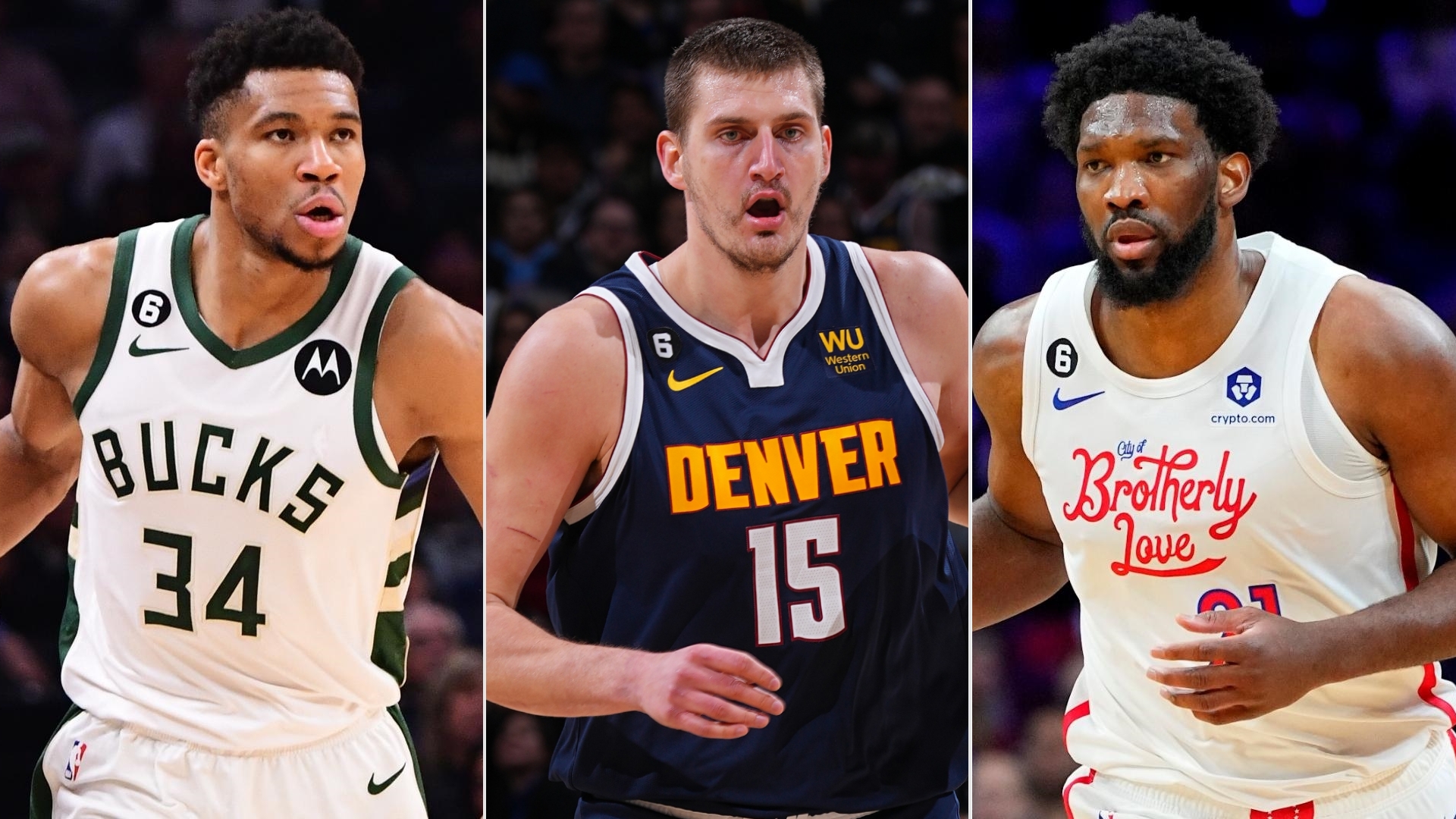 Nikola Jokic, Joel Embiid y Giannis Antetokounmpo